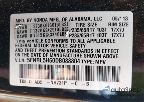 2013 Honda Odyssey Ex-L z USA, uszkodzony, nr VIN 5FNRL5H60DB088804